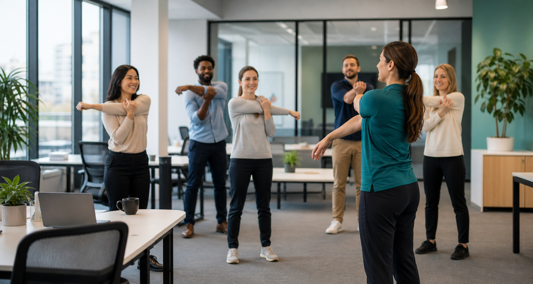 Employees following a guided workplace mobility session in an office
